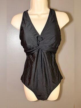 Aqua Eve Black One Piece Swimsuit 14W Tummy Control Ruched Flowy Front